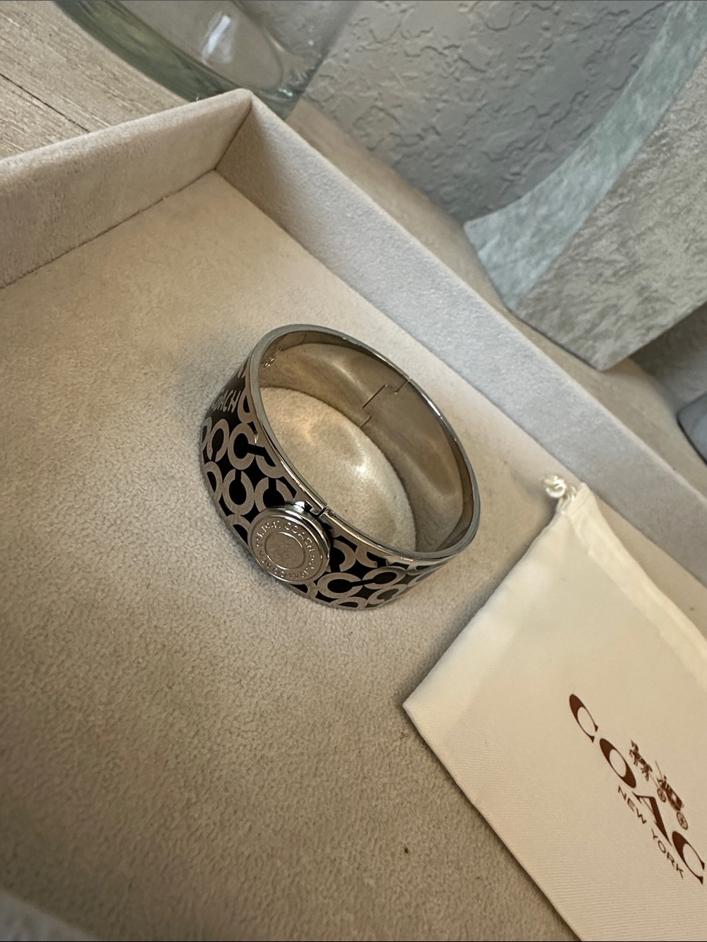 Coach OP Art Polished Silver Logo-Pattern hinge Cuff Bracelet
